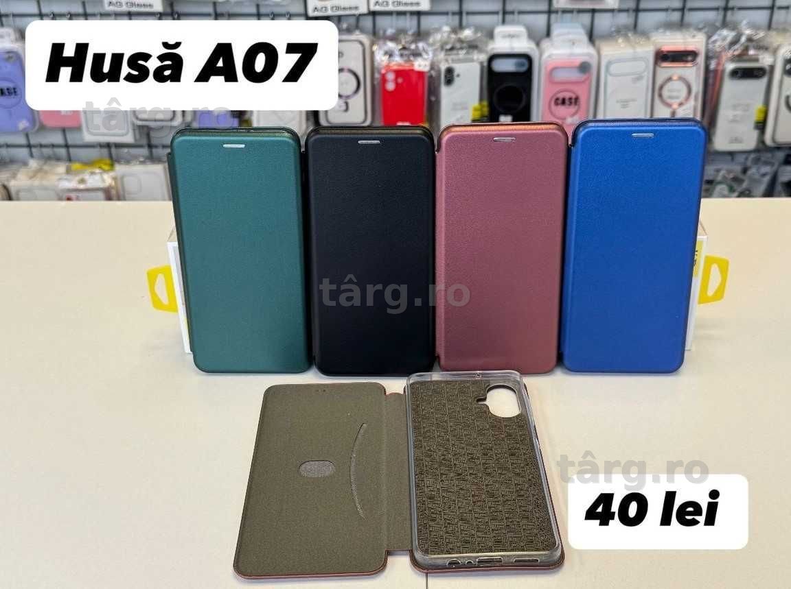 Husa piele ecologica tip carte, folie, cablu, incarcator Samsung A07 2