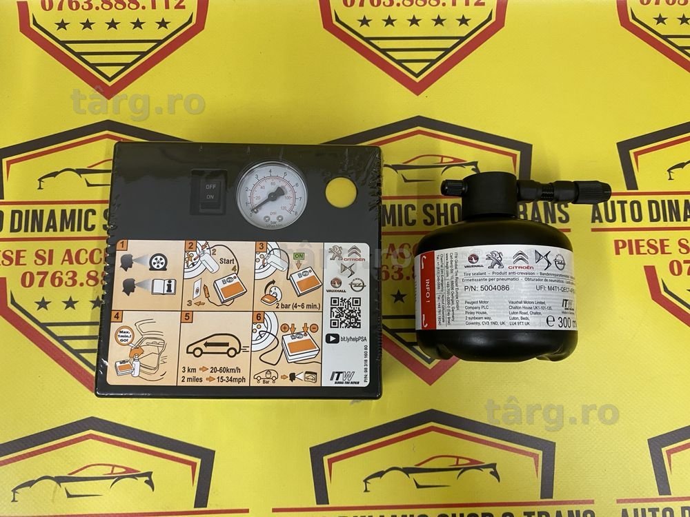 Compresor auto 12V 15A 180W  Max 5 Bari umflat roti cu soluție kit pana  OEM Original Peugeot Suv Turism neutiliza Kit pană