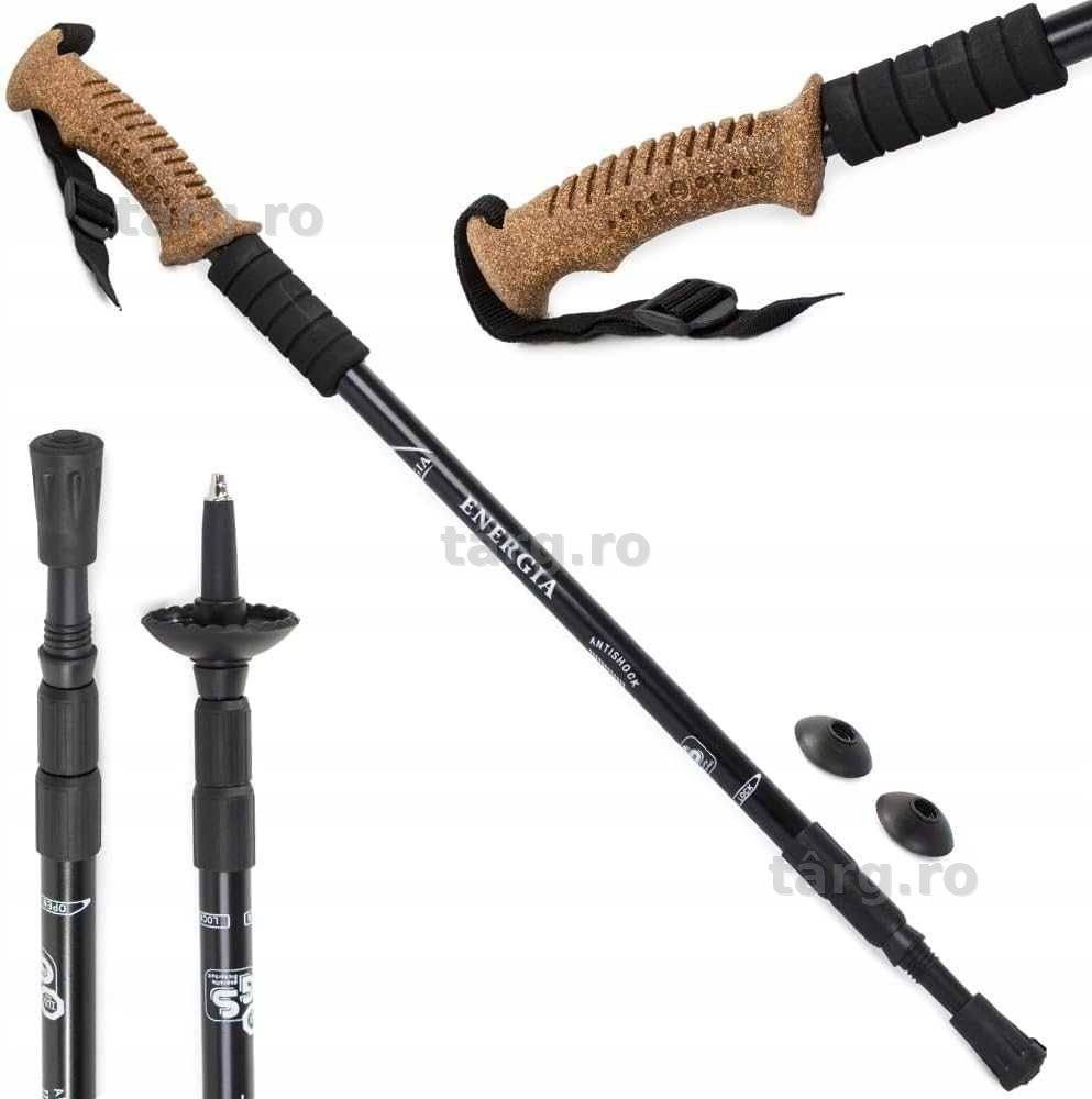 Baston trekking aluminiu maner din pluta si sistem anti-soc 64-135 cm