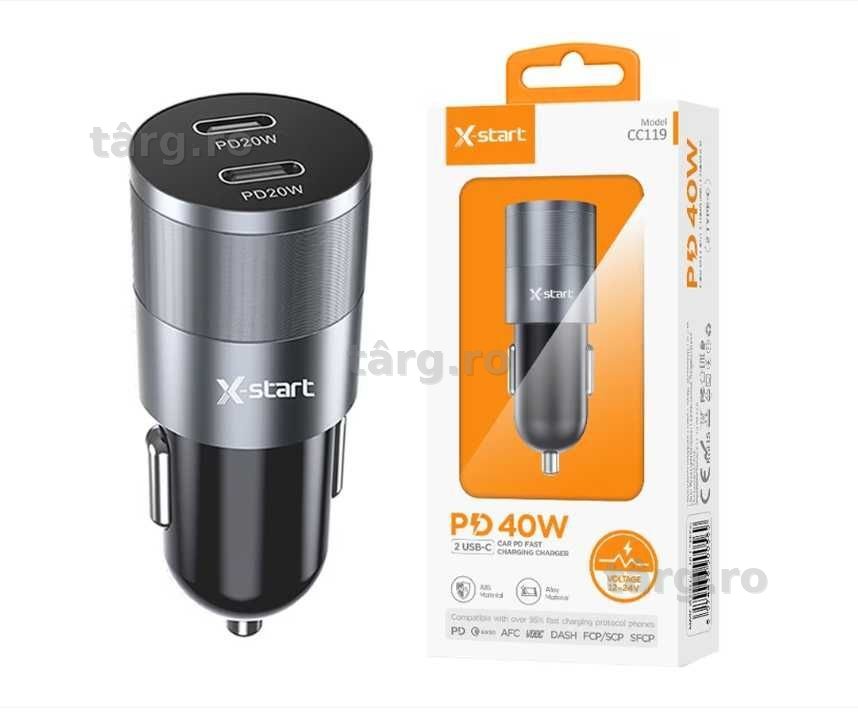Incarcator auto X-Start PD 40W – 2 PD x USB-C, Fast Charge