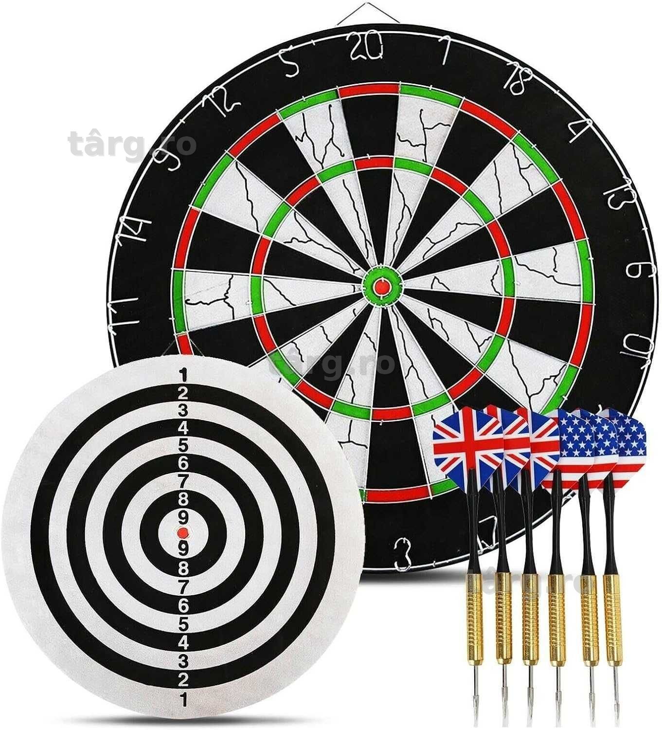 Set profesional darts 45 cm 6 sageti varf metalic 2 fete design clasic