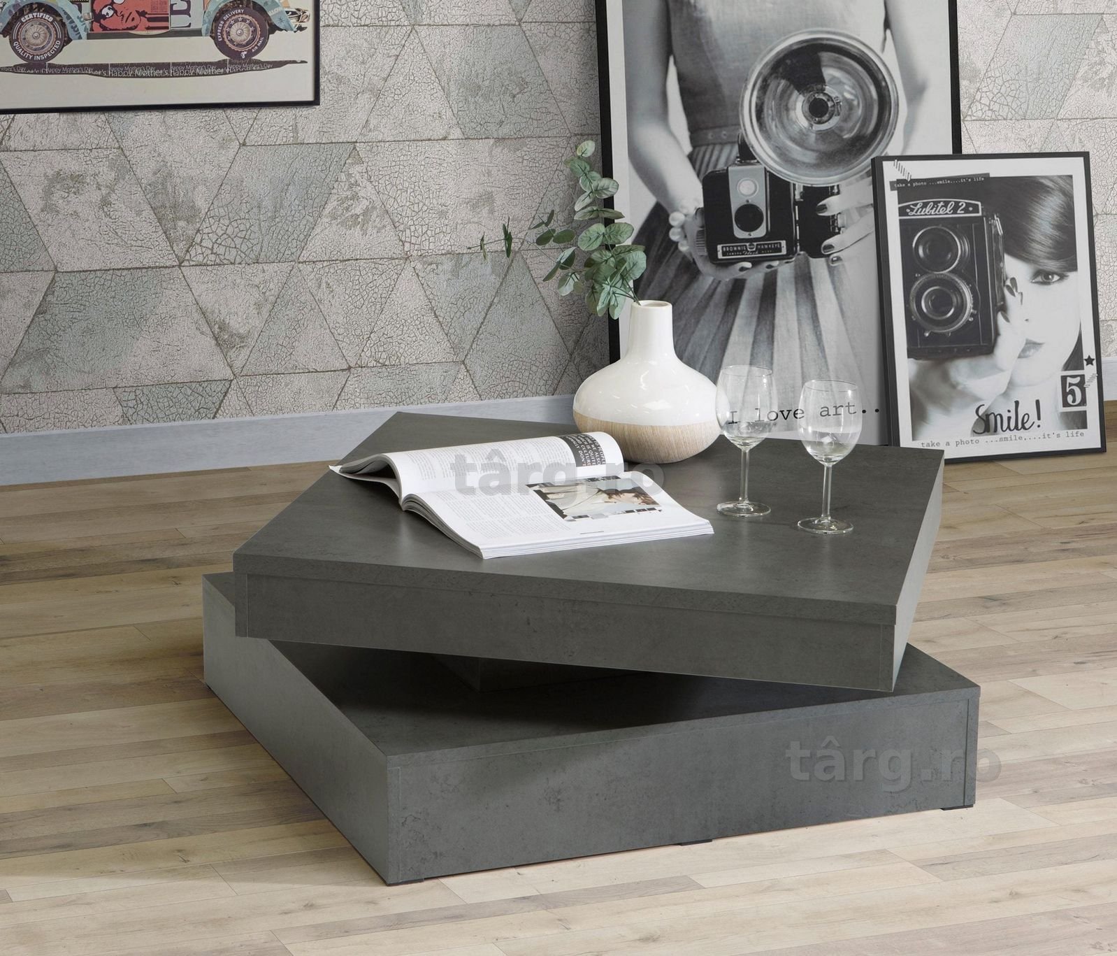 Masuta de cafea Forte, blat rotativ, beton inchis, 78 cm