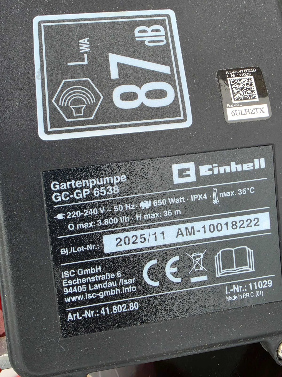 Pompa de gradina Einhell GC-GP 6538 650 W presiune 3.6 bar debit 3.800 l/h 4