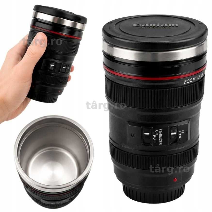 Cana termos inox in forma de obiectiv foto 400ml termoizolanta capac