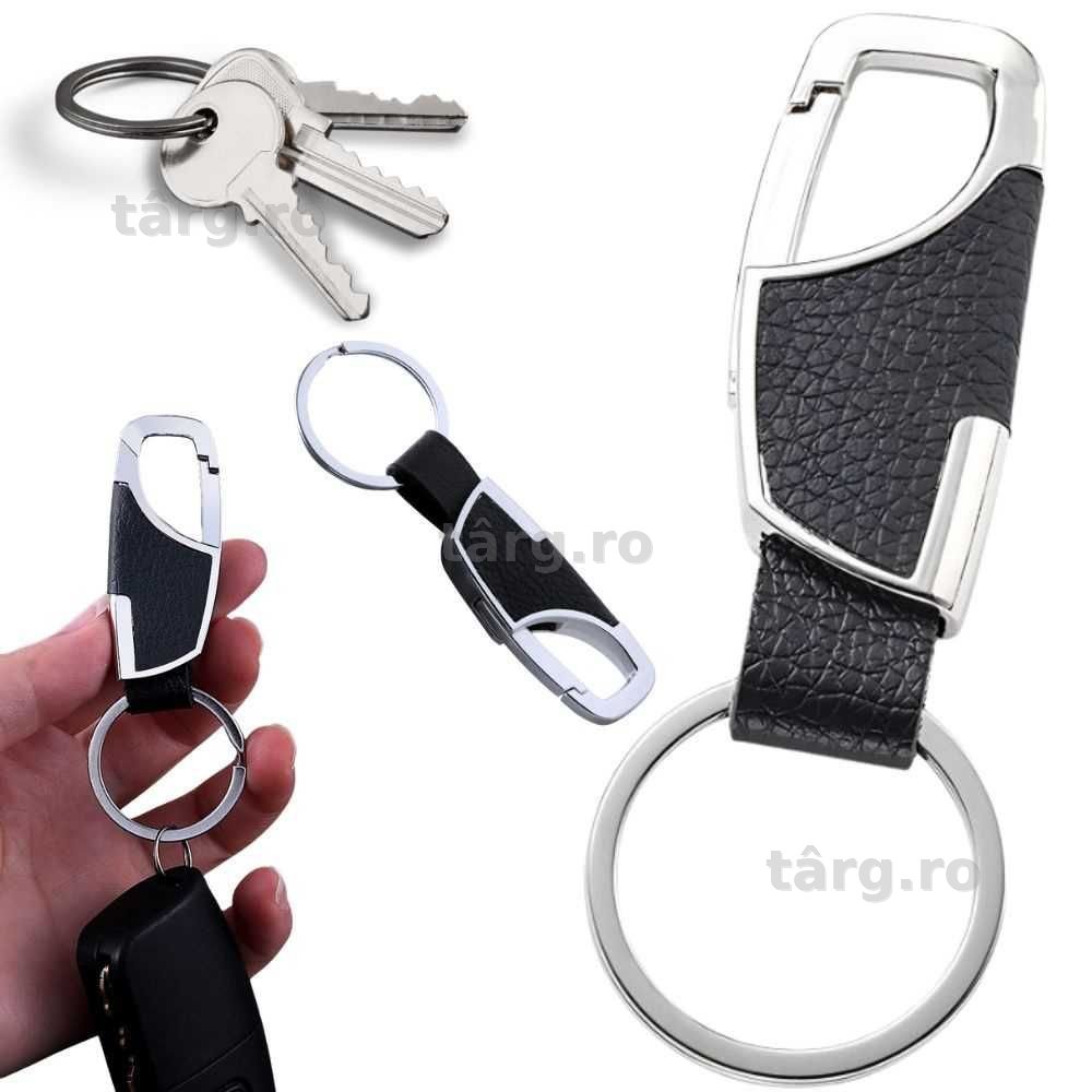 Breloc elegant din piele ecologica si metal cu carabina negru-argintiu