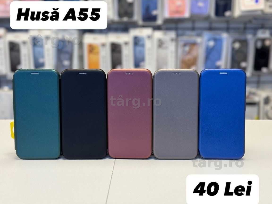 Husa piele ecologica tip carte, folie, cablu, incarcator Samsung A55