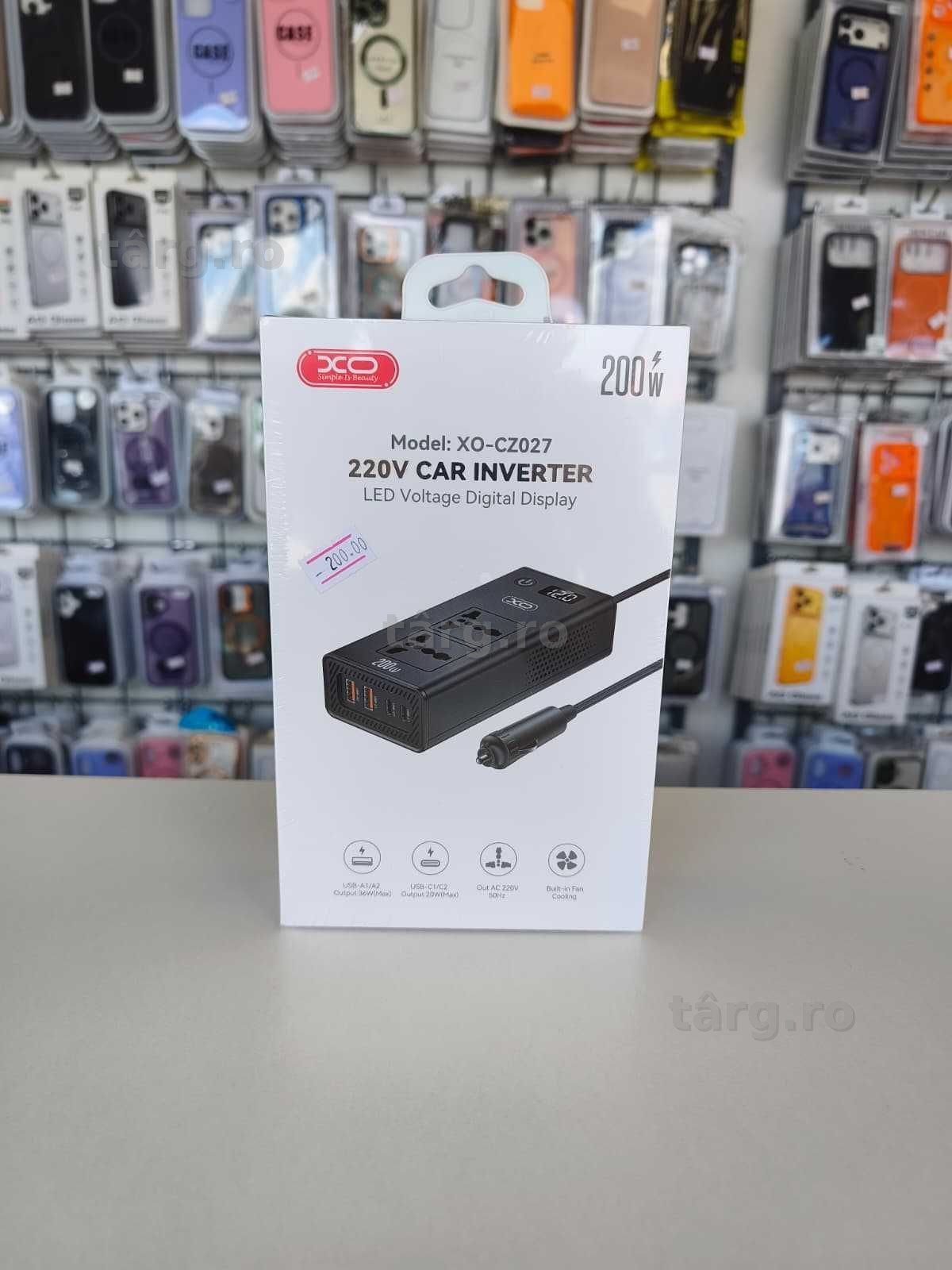 Invertor Auto, Putere 200W, Dual AC, Porturi Type-C si USB, Negru