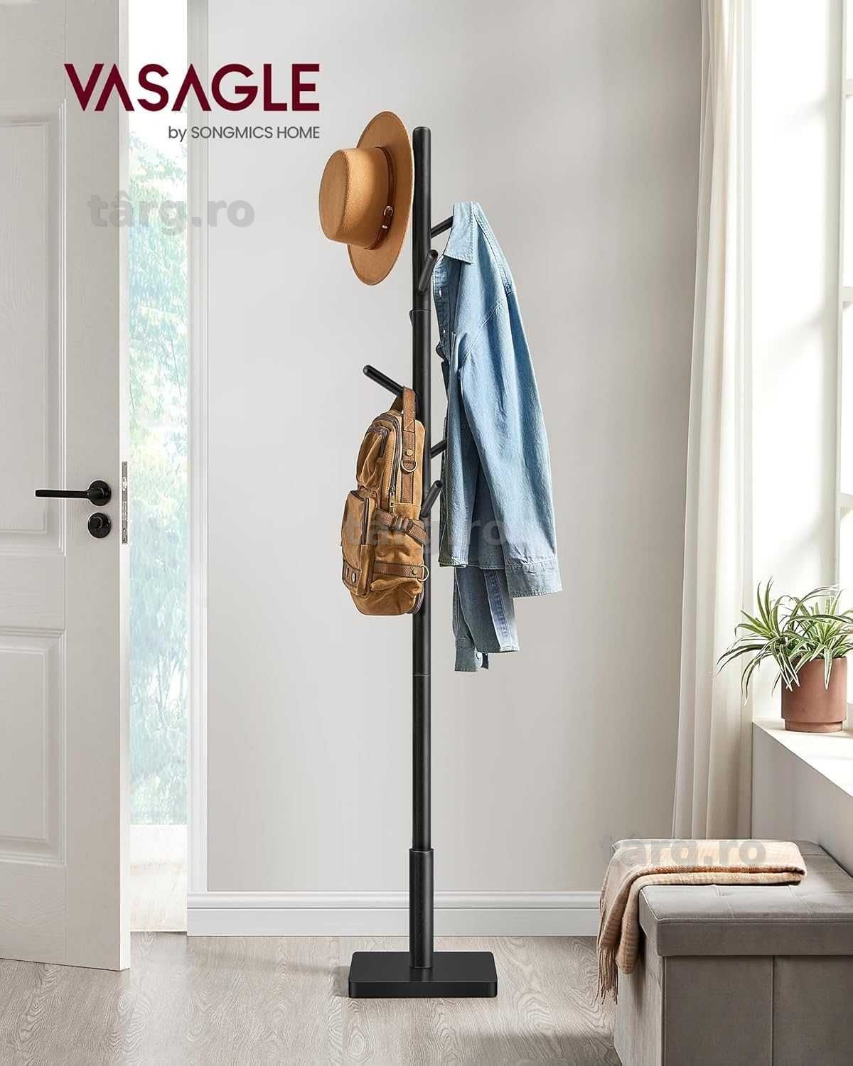 Cuier din lemn tip pom, Vasagle, 8 carlige, 175 cm, negru