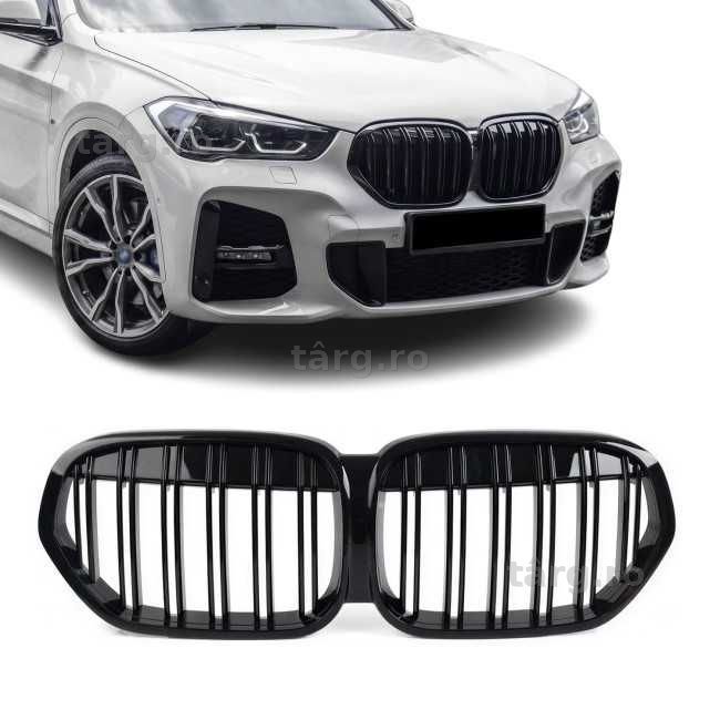 Grile Duble Nari M Style BMW X1 F48 LCI 2019-2022, Negru Lucios, Grila Dubla Bara Fata
