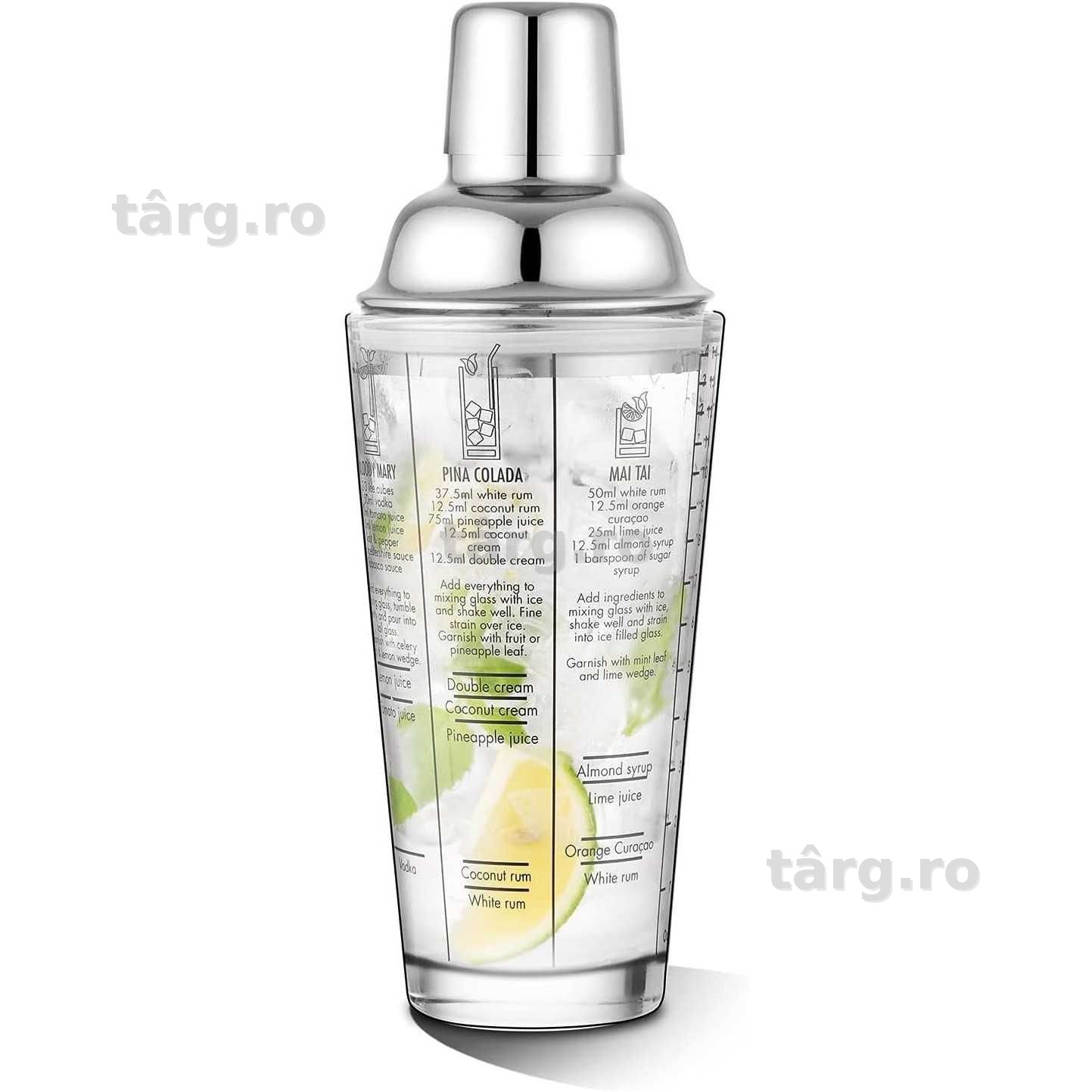 Cocktail Shaker din sticla 450ml cu capac din inox si retete imprimate