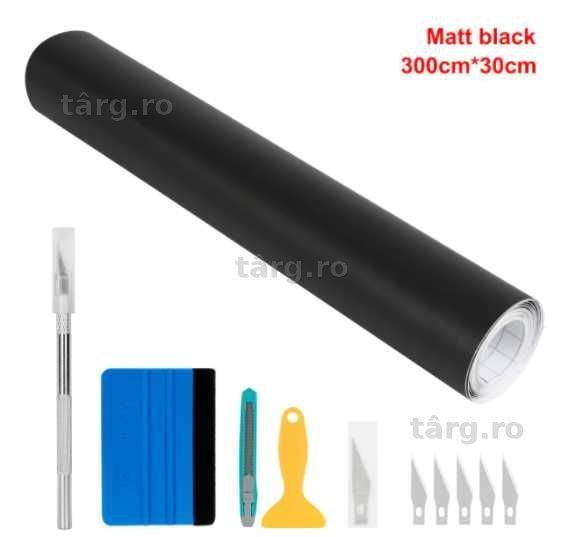 Kit Rola Folie Auto Autocolant Colant Negru Mat 300x30cm + Accesorii