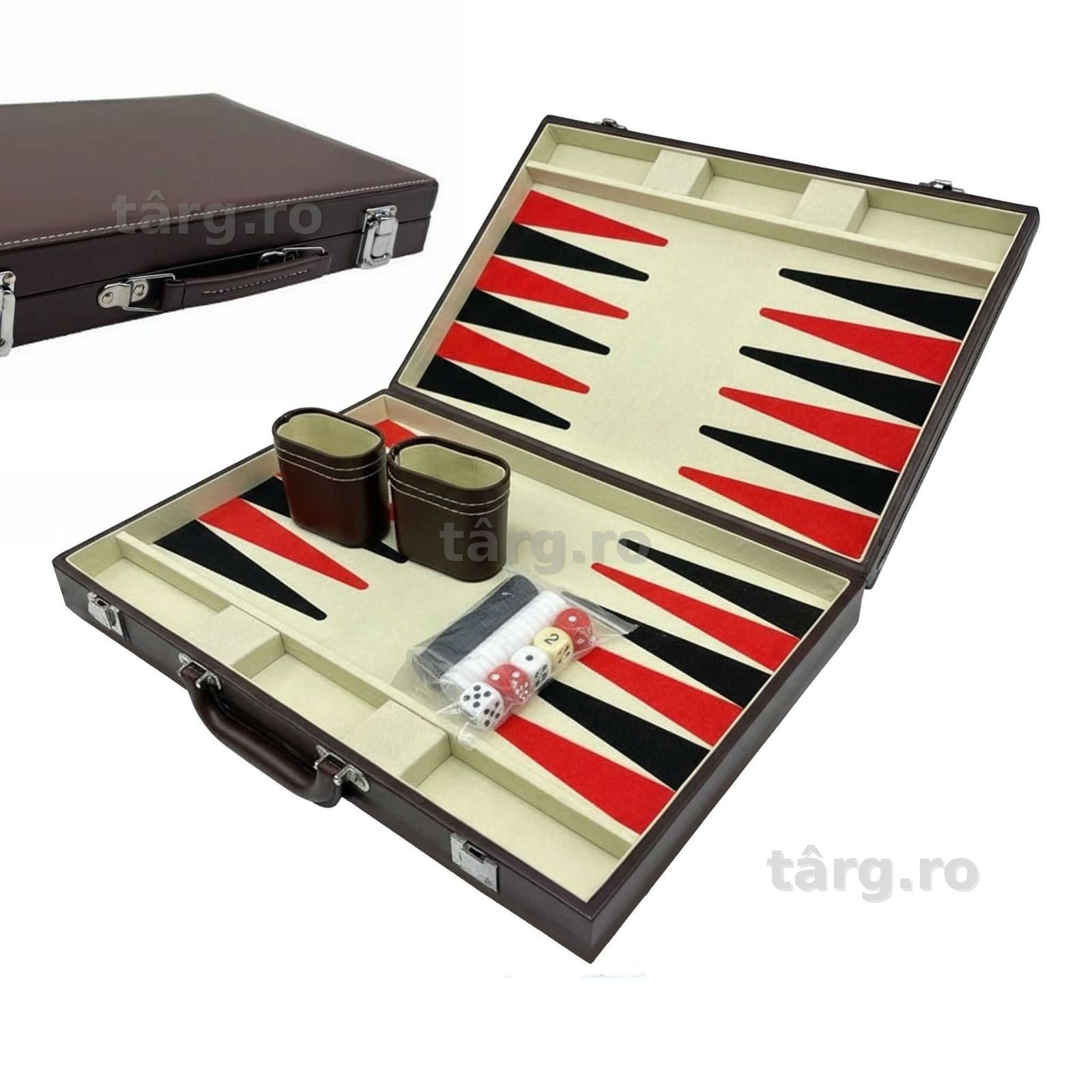 Joc table Backgammon in servieta din piele sintetica cu zaruri piese