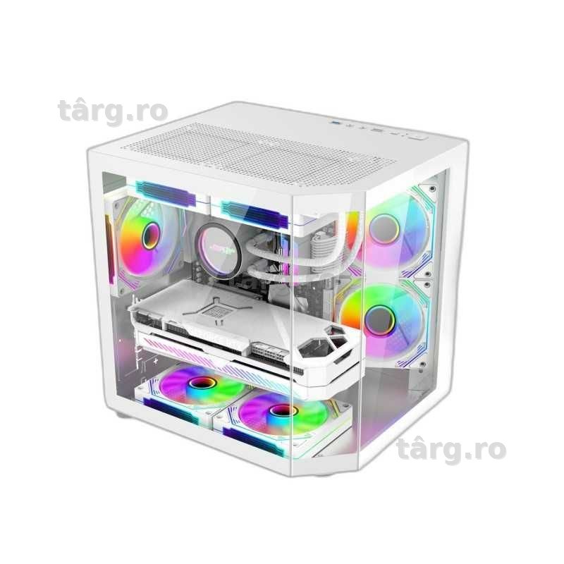 Carcasa ProGaming Alma, Cube Tower, Micro-ATX, Fără Sursă, 3 venitlatoare ARGB, Alb