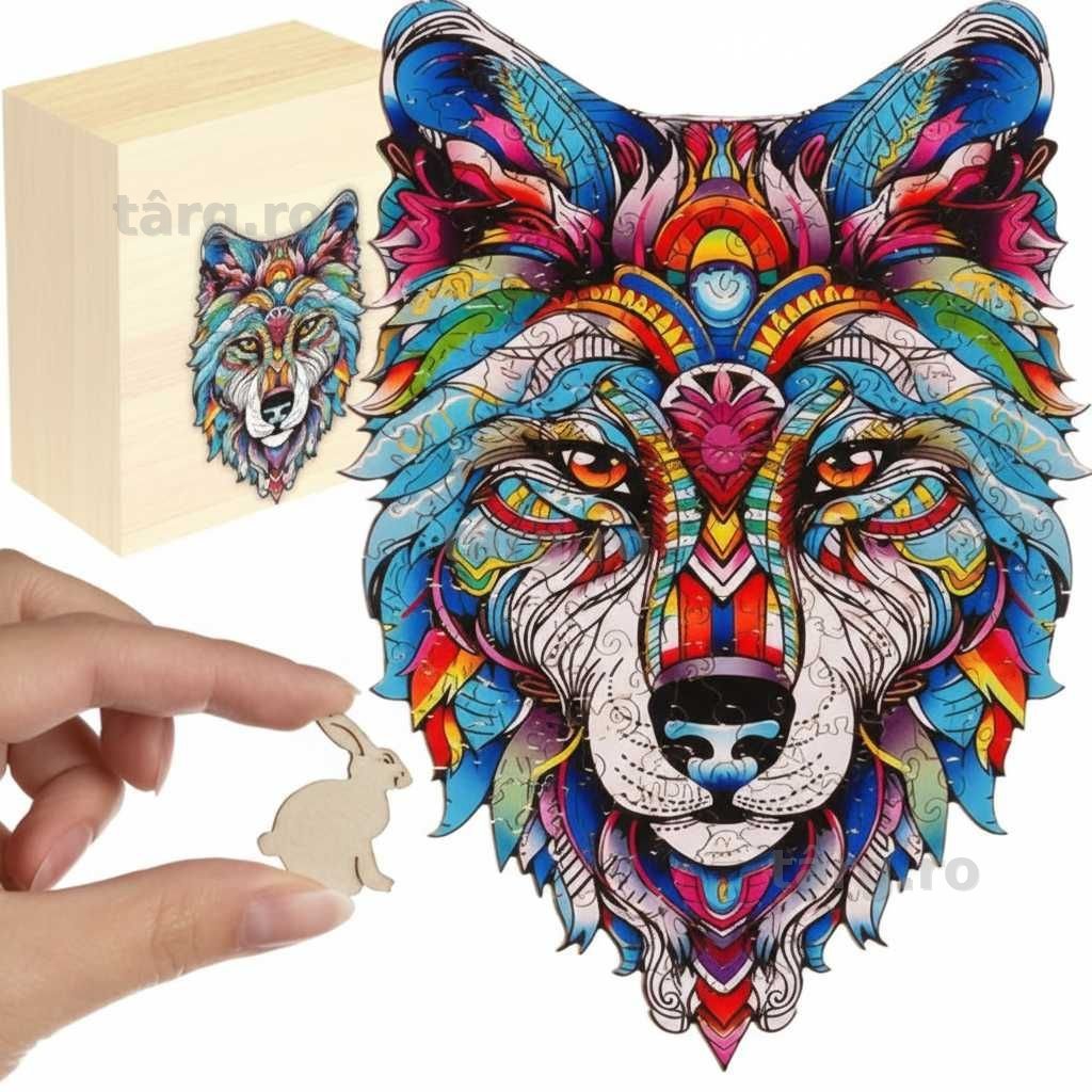 Puzzle din lemn cap de lup 170 piese colorate joc educativ 38 x 27 cm