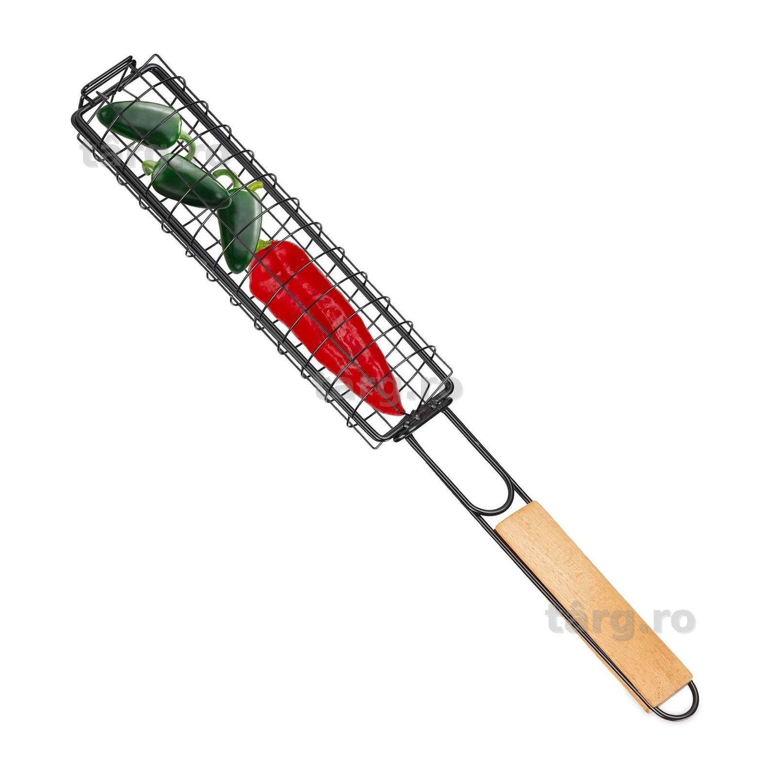 Cos pentru gratar metal cu maner din lemn pentru prajit carne & legume