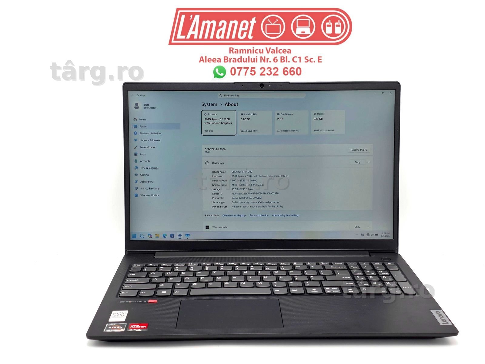 Laptop 15.6" FHD Lenovo V15 G4 AMN AMD Ryzen 5 7520U 8GB DDR5 256GB SSD Nou FullBox