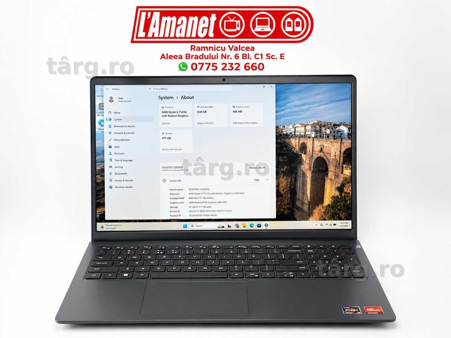 Laptop 15.6" FHD DELL Pro 15 Essential PV15255 AMD Ryzen 5 7520U 8GB Ram 512GB Stare Buna Garantie Dec 2027