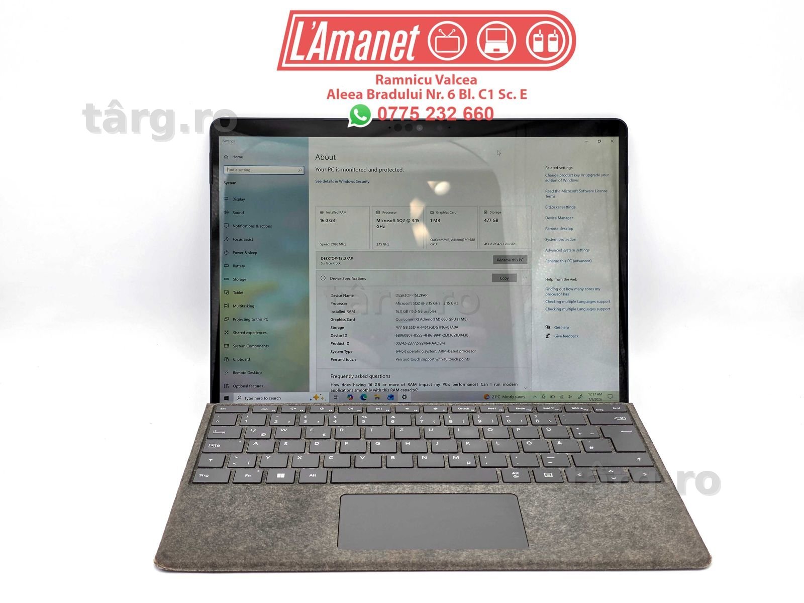 Tableta Windows 13" 2.8K Cu Tastatura Coperta Microsoft Surface Pro X Procesor Microsoft SQ2 Touch 16GB DDR4 512GB SSD Adreno 690 GPU Stare Buna