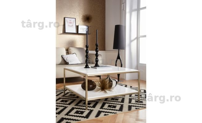 Masuta de cafea Cherleen, MDF alb, cadru auriu, 90 cm
