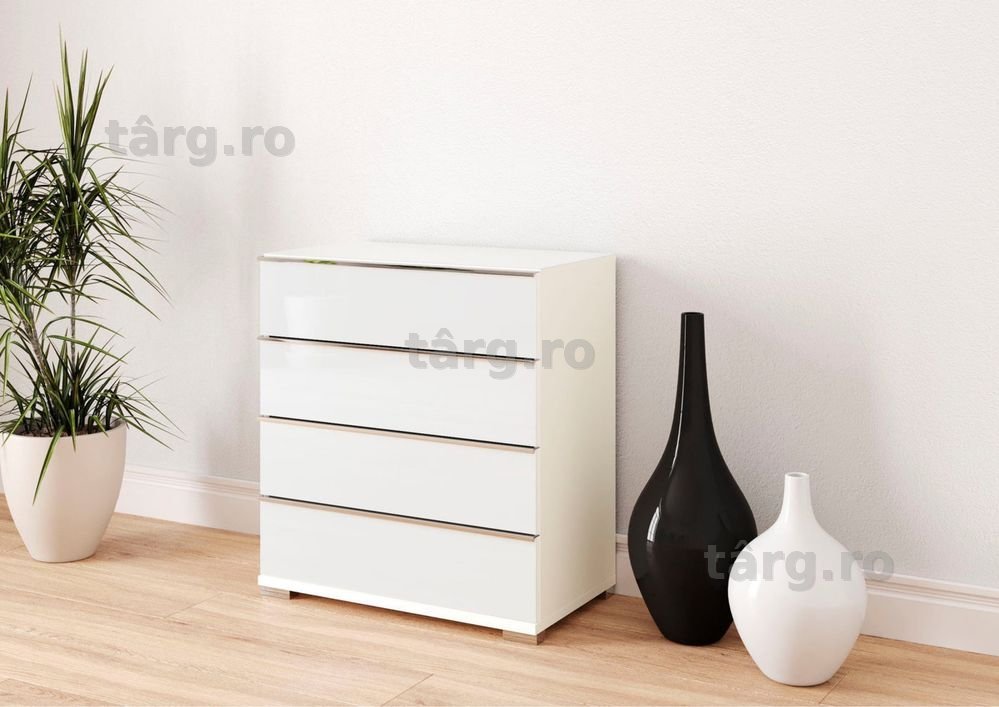 Comodă cu 4 sertare, self closing, Alb, 75 cm