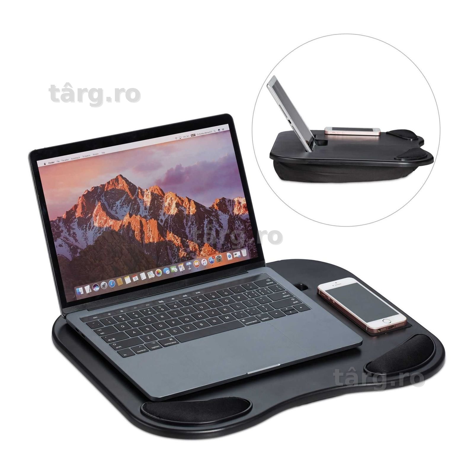 Suport de genunchi pentru laptop cu suport pentru telefon mobil negru