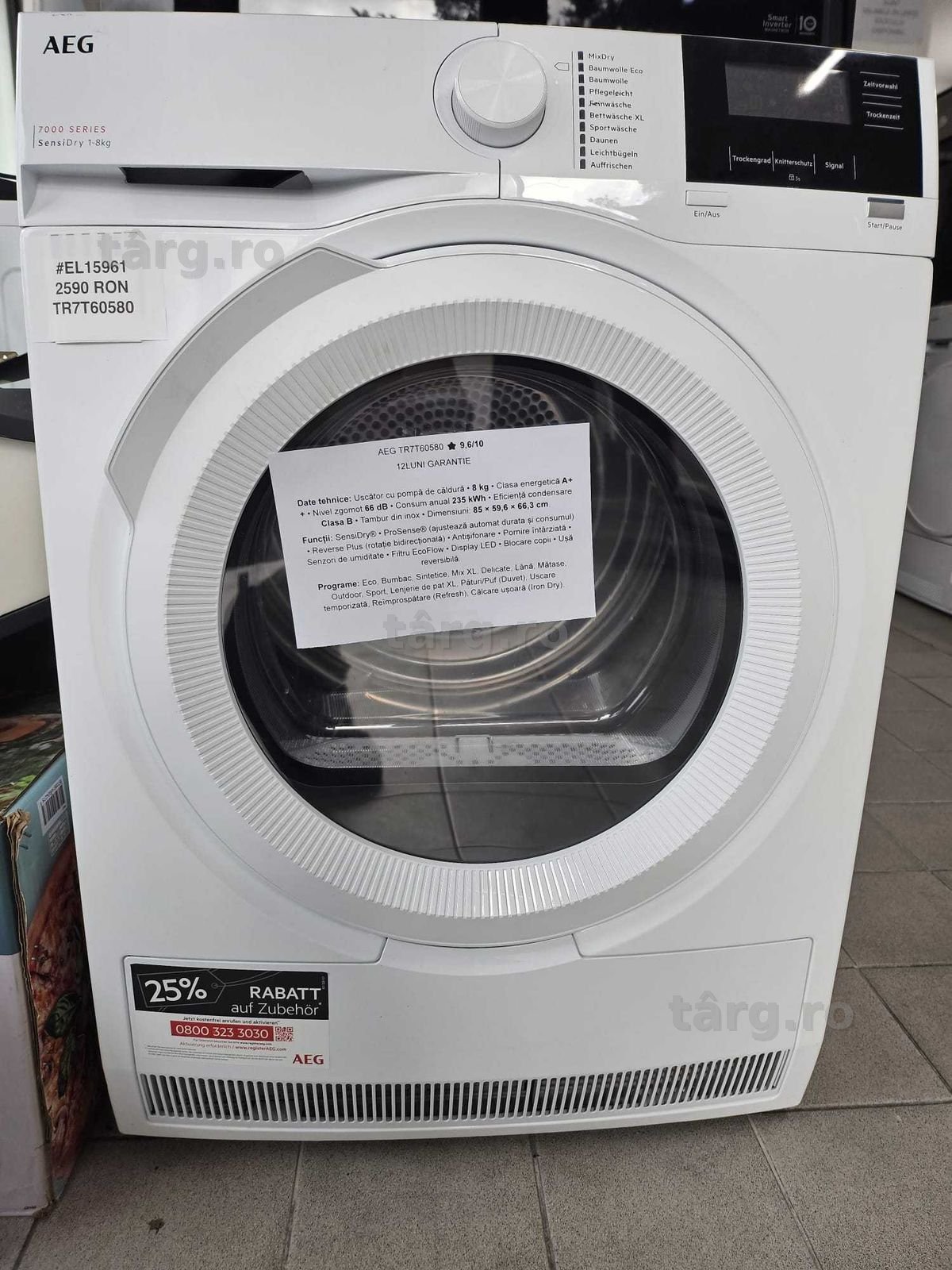 Uscător de rufe AEG TR7T60580 Seria 7000 SensiDry, 8 kg, A, Pompă Căldură +Factura +12LUNI GARANTIE