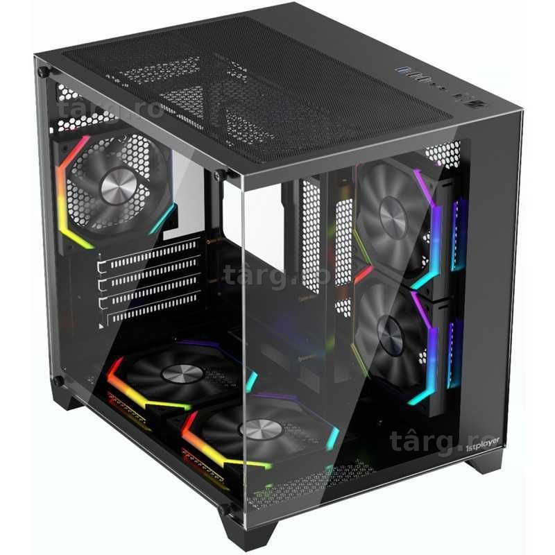 Carcasa 1stPLAYER® Gaming BV5 Black, 5 ventilatoare aRGB plus PWM, Micro-ATX, telecomanda