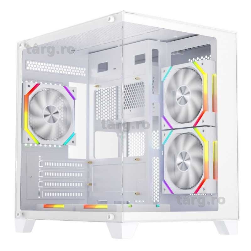 Carcasa 1stPLAYER® Gaming BV5 White, 5 ventilatoare aRGB plus PWM, Micro-ATX, telecomanda,