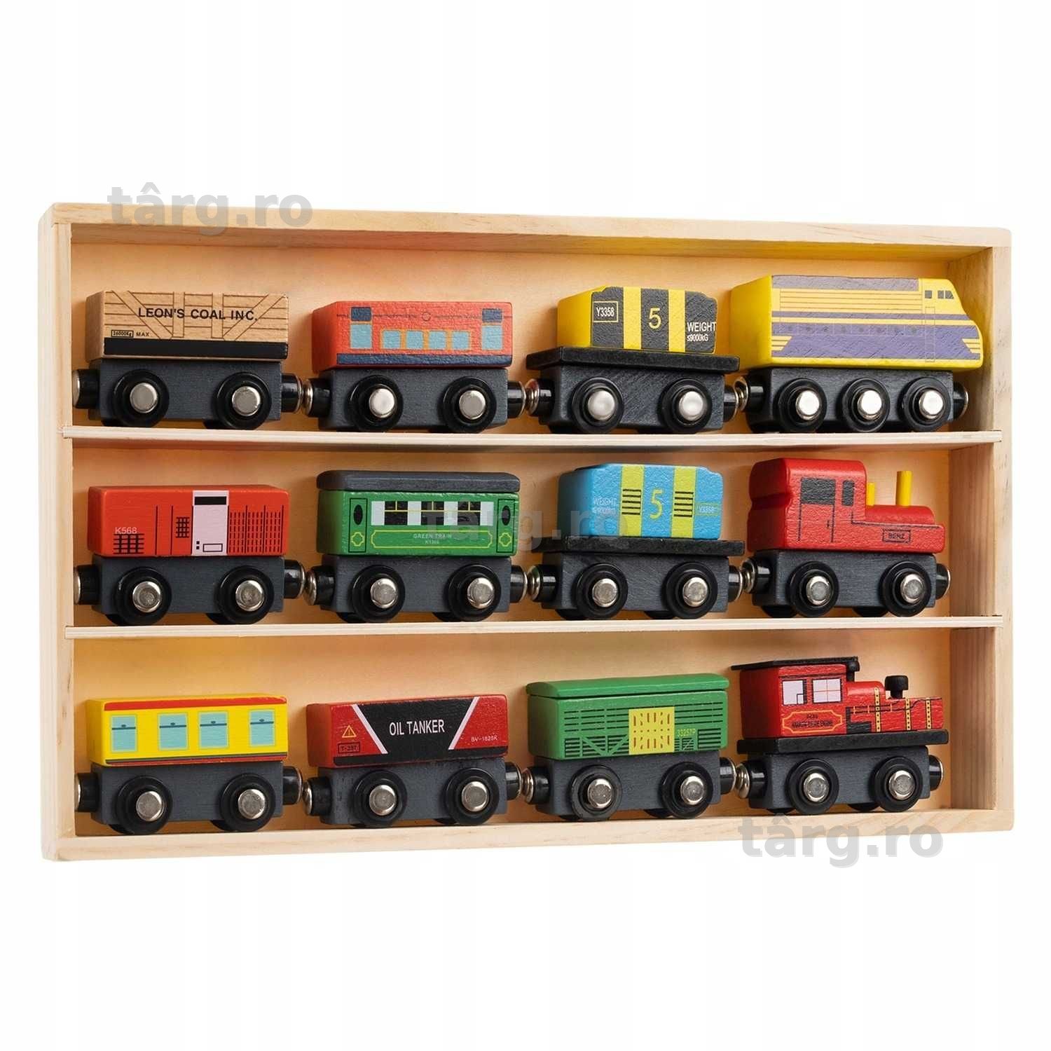 Trenulet din lemn cu 12 piese magnetice locomotiva si vagoane colorate