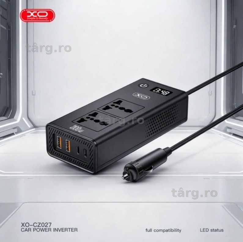 Invertor Auto, Putere 200W, Dual AC, Porturi Type-C si USB, Negru 6