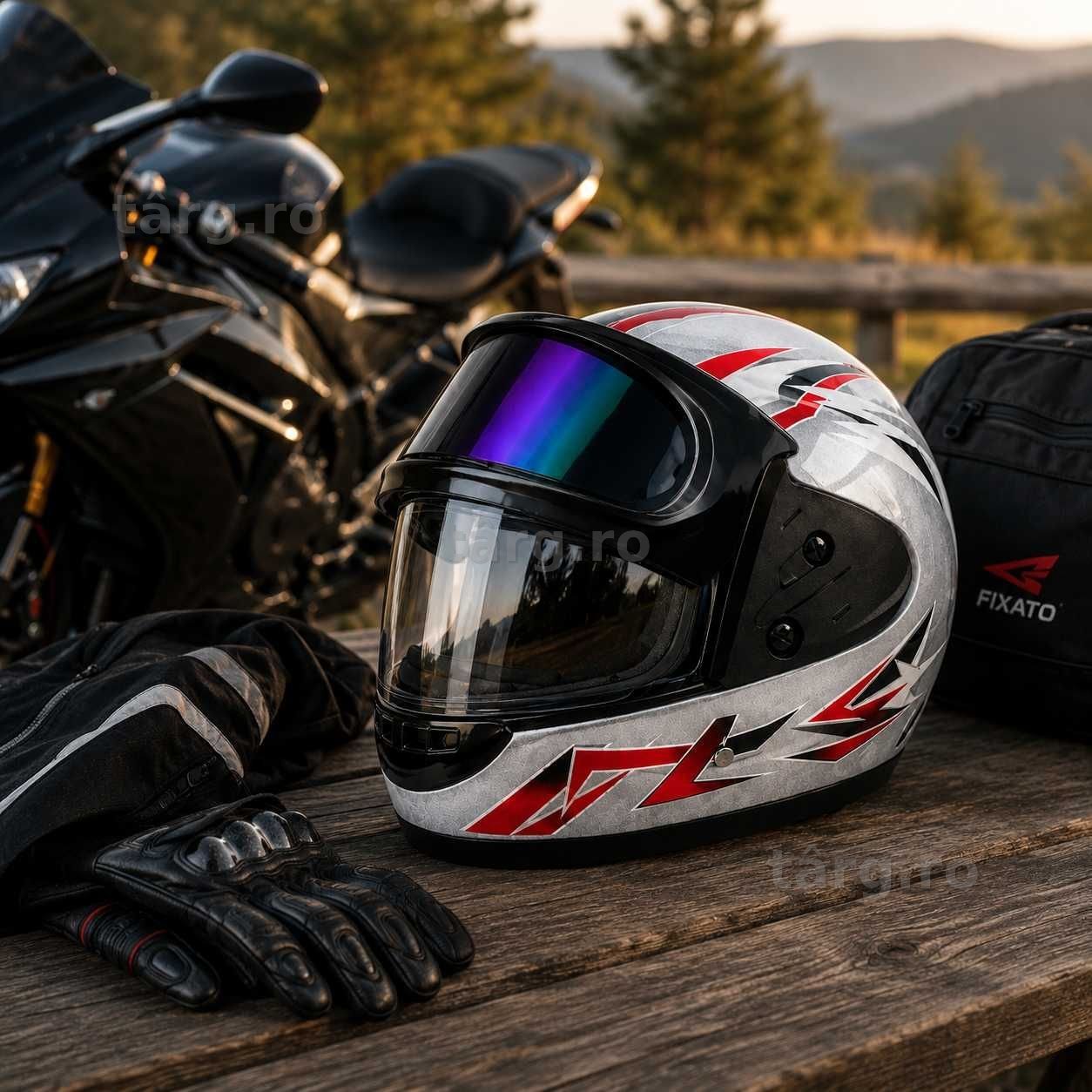 Casca Moto/Scuter/ATV, viziera dubla, marime universala, Gri cu Rosu 5