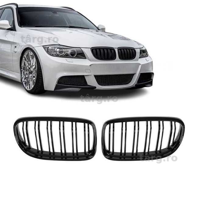 Grile Duble Nari Bara Fata M Style BMW E90 E91 Facelift LCI / F10 / F30 / E92, Negru Lucios