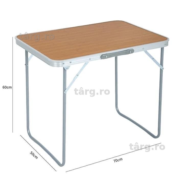 Masă camping,aluminiu/MDF, Pliabila, 70x50cm, Maro/Argintiu