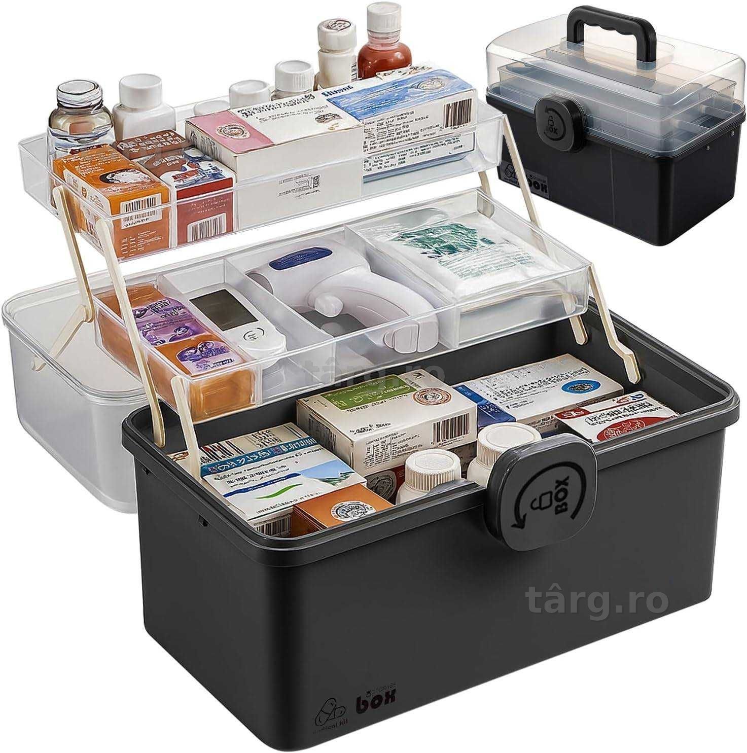 Organizator medicamente cu maner si inchidere sigura cutie depozitare