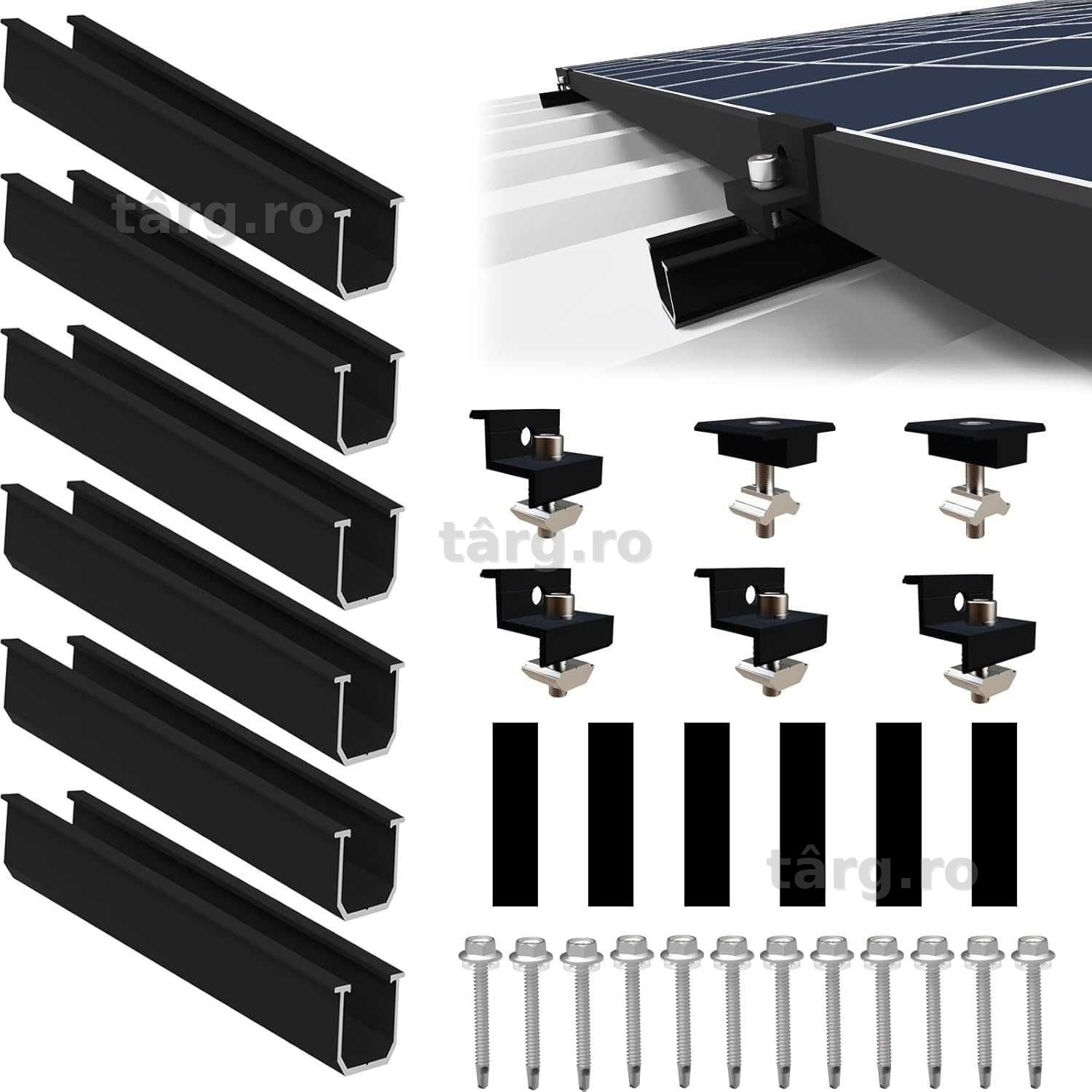 Suport panou solar pentru 2 module, Kit de montare PV - Șină neagră de 12 cm
