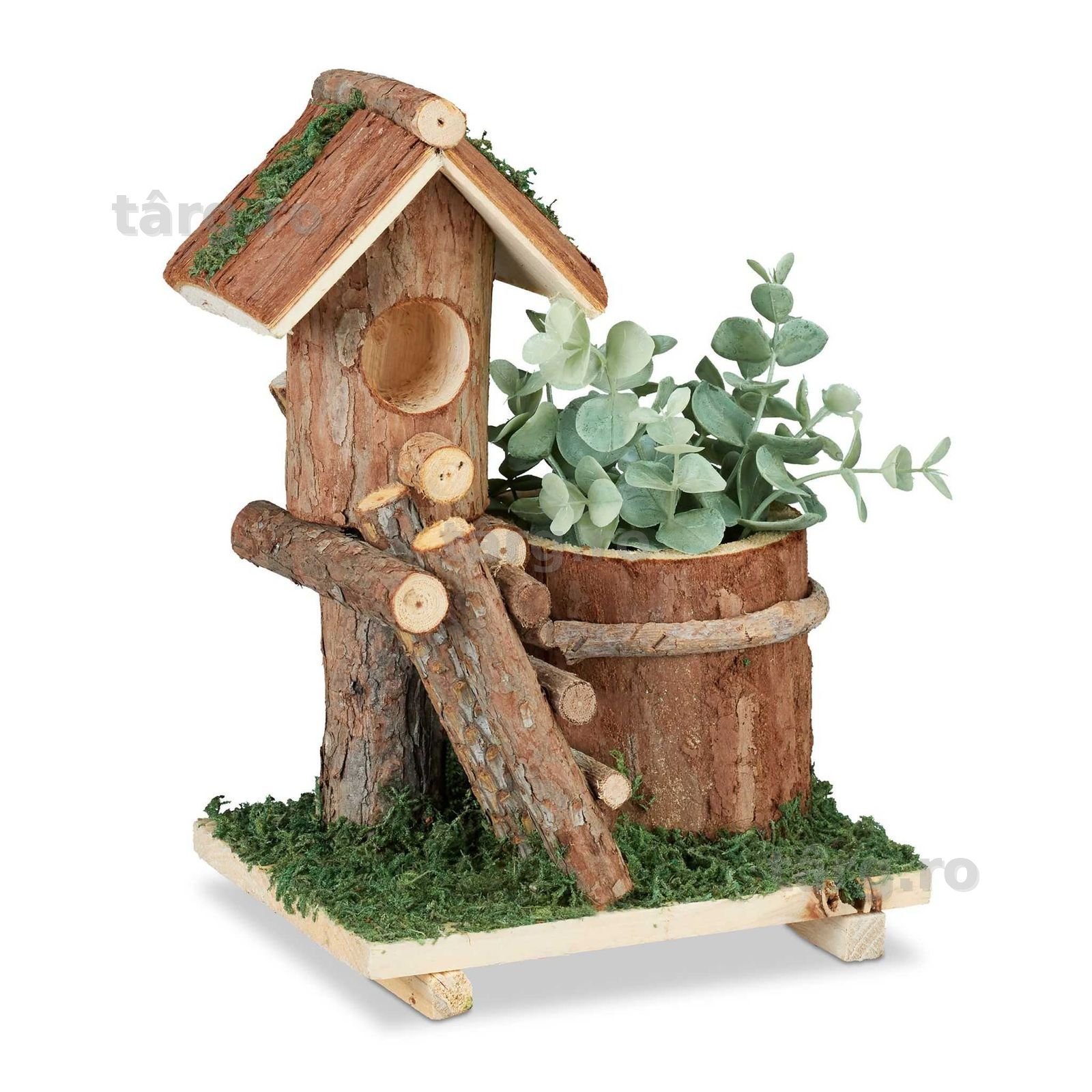 Ghiveci de flori lemn cu casuta decorativa pentru pasari decor rustic