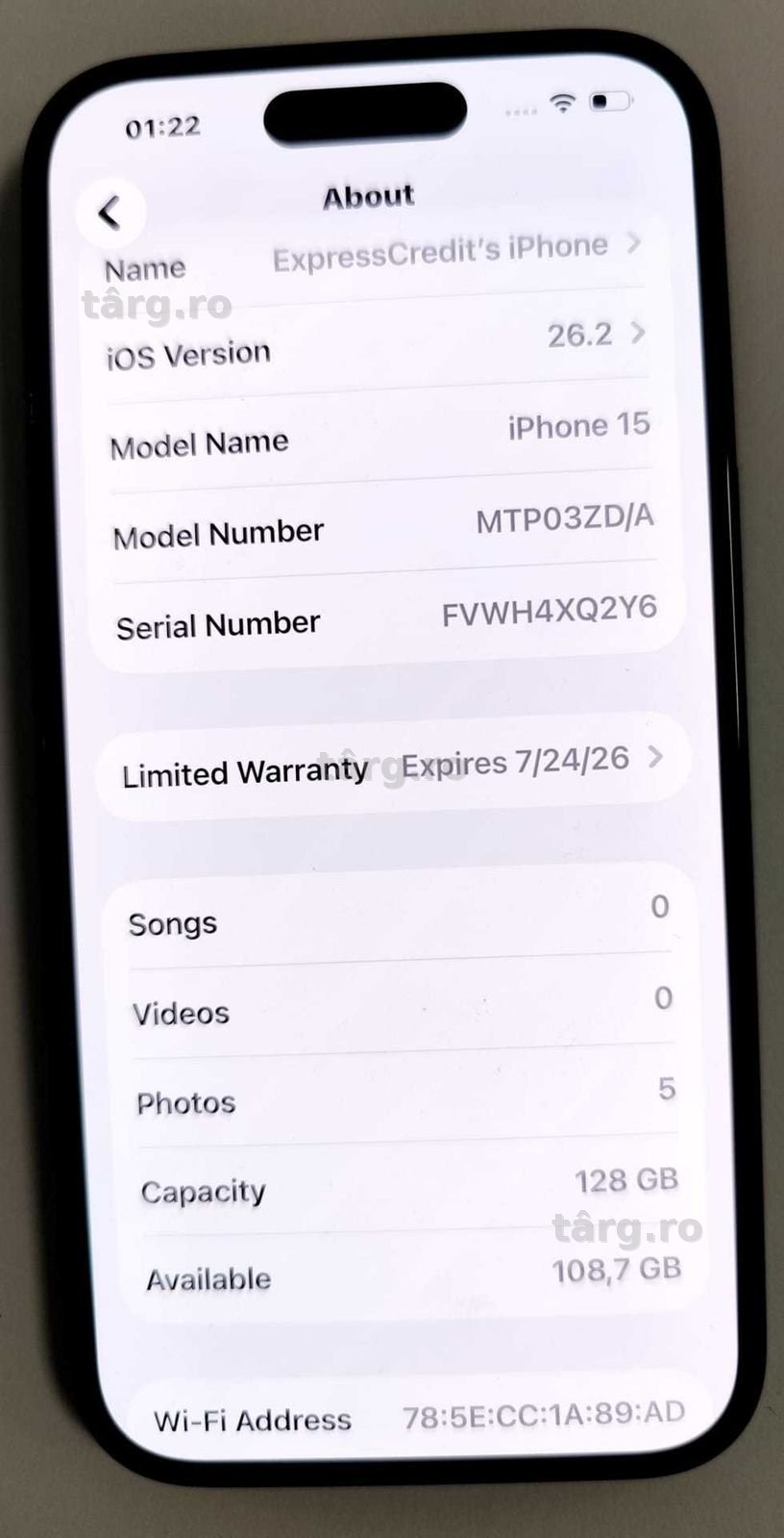 (AG 35)Telefon Apple iPhone 15 b.34275 -2500 Lei Garantie 2ani 2