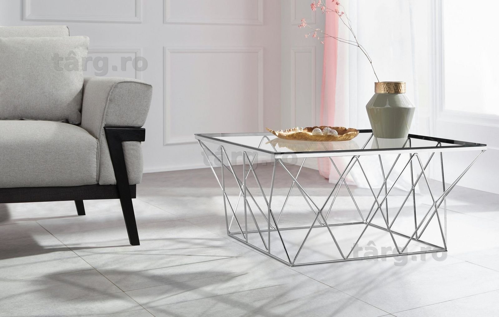 Masuta de cafea Caen, blat sticla, cadru alama, 90 cm