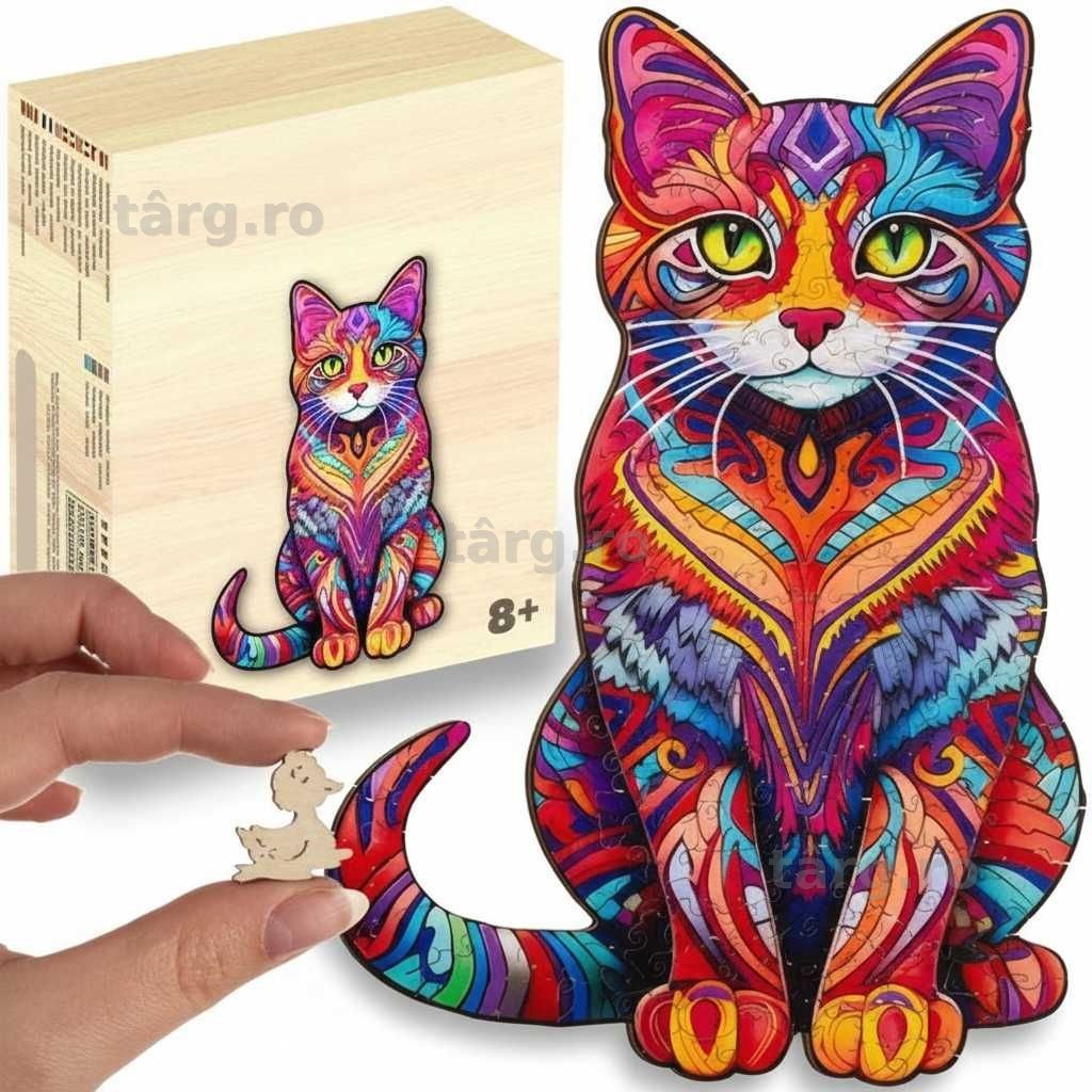 Puzzle din lemn pisica 130 piese colorate pentru adulti copii 38x24cm