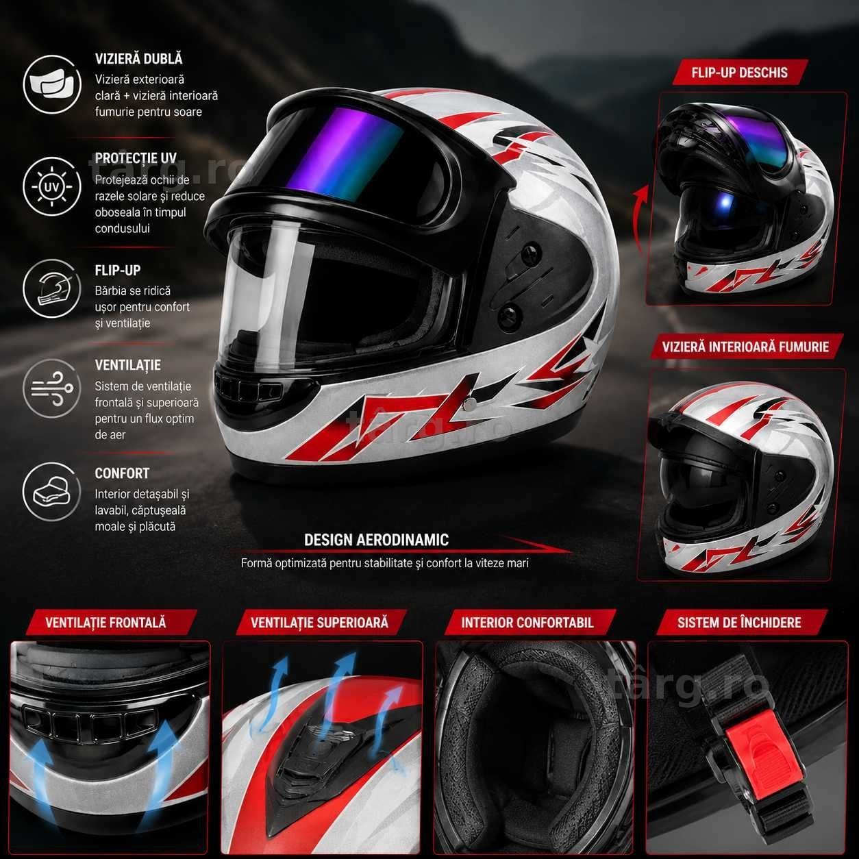 Casca Moto/Scuter/ATV, viziera dubla, marime universala, Gri cu Rosu 2