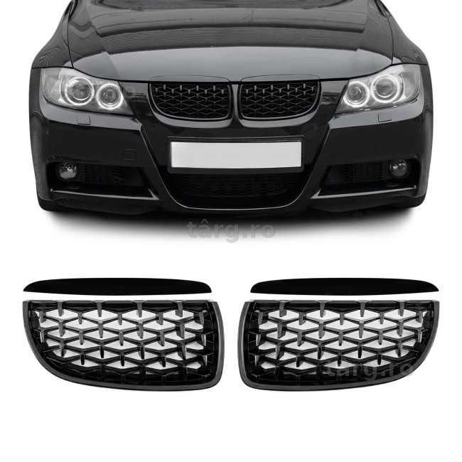 Grila Grile Diamond Nari Duble M Bara Fata BMW E90 E91 Pre-lci Non-Facelift, 05-08, Negru Lucios
