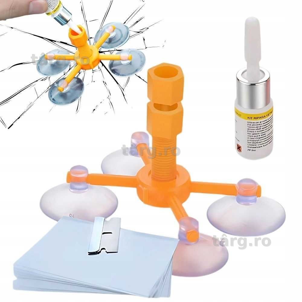 Kit reparatie parbriz auto cu rasina aplicator ventuza folie si lama
