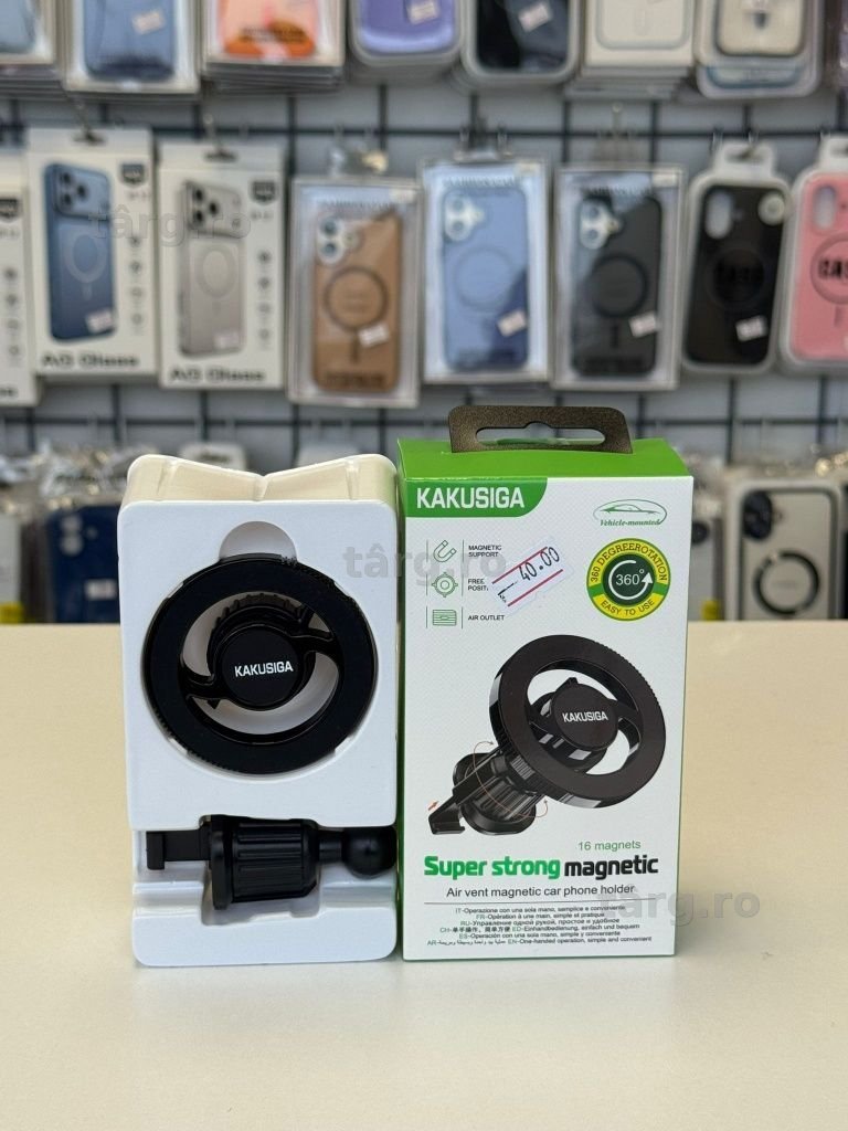 Suport Auto Magnetic Kakusiga, Prindere Clema Grila Ventilatie, Negru