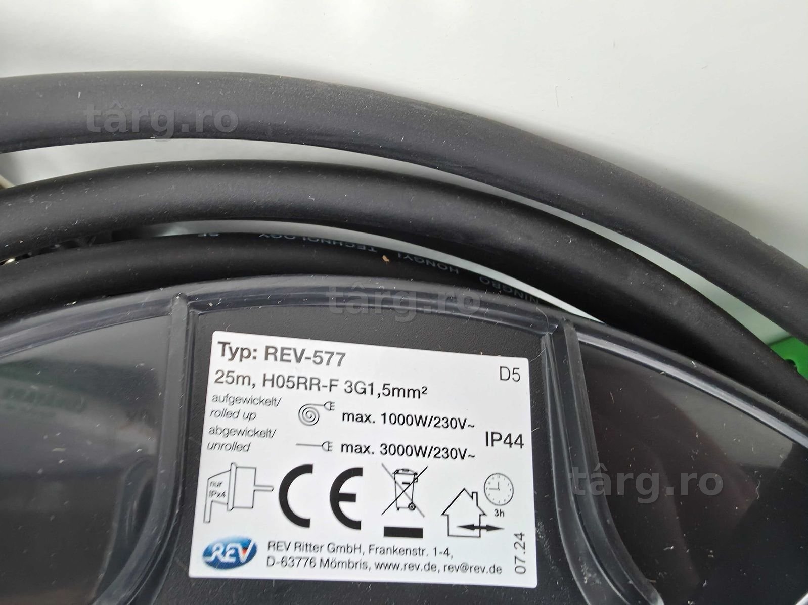 Rola de cablu REV H05RR IP44, 25 m, 3000 W, pentru exterior, cu 4 prize 4