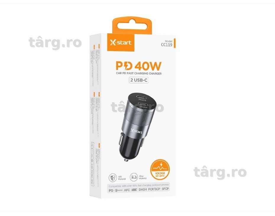 Incarcator auto X-Start PD 40W – 2 PD x USB-C, Fast Charge 3