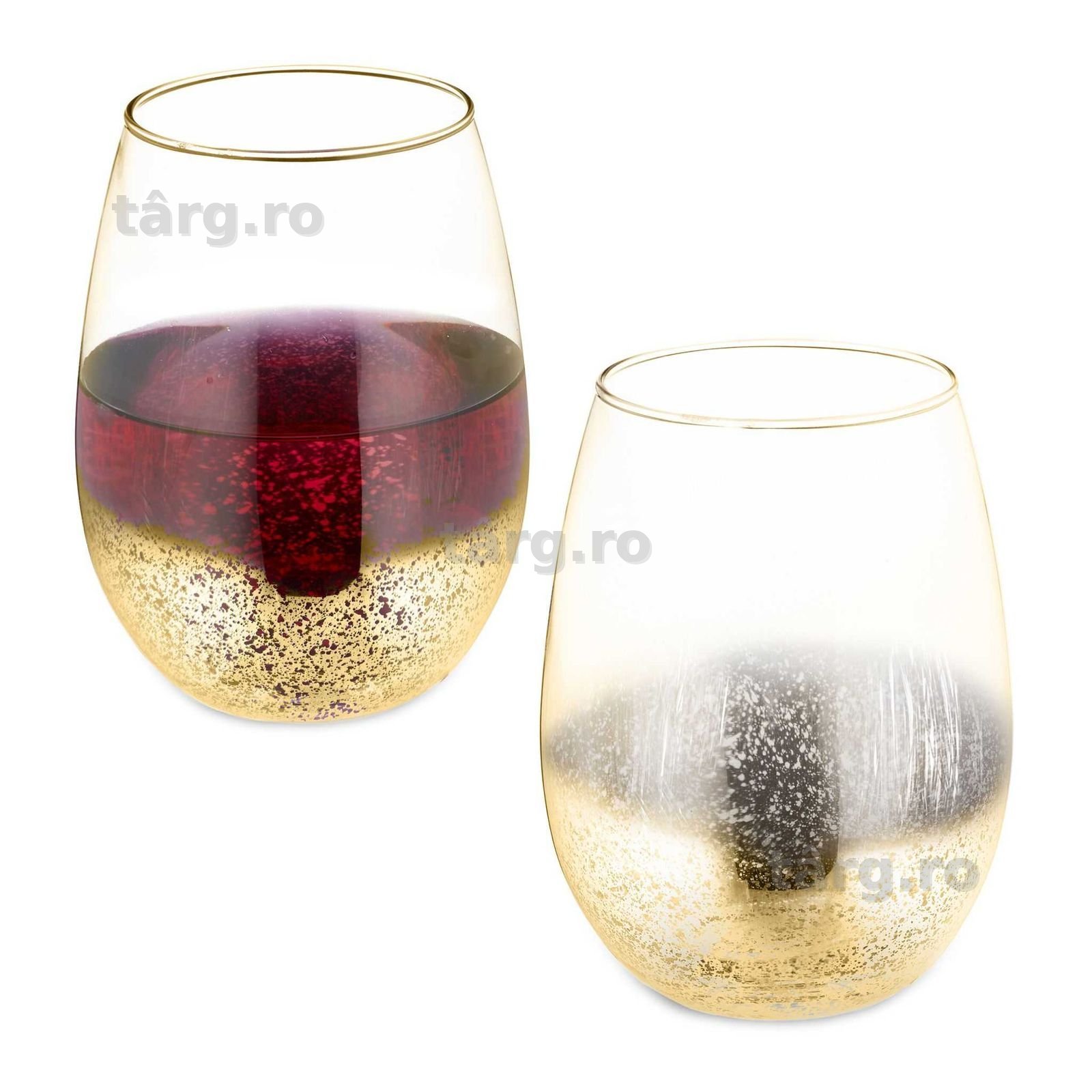 Set 2 pahare de vin fara picior, capacitate 500 ml fiecare, auriu