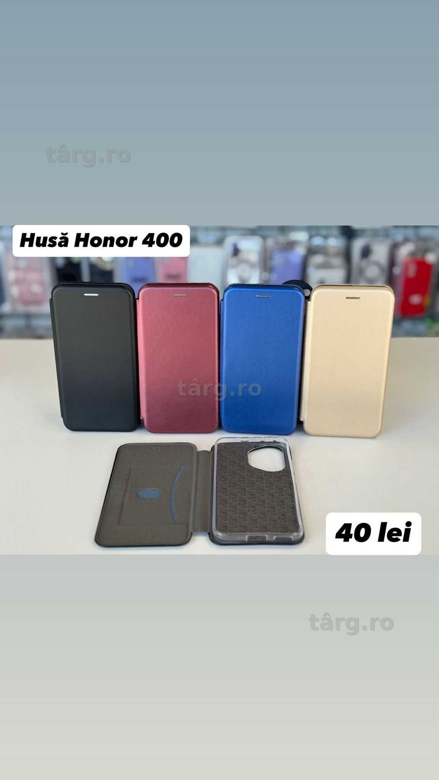 Husa piele ecologica tip carte, folie, cablu, incarcator Honor 400