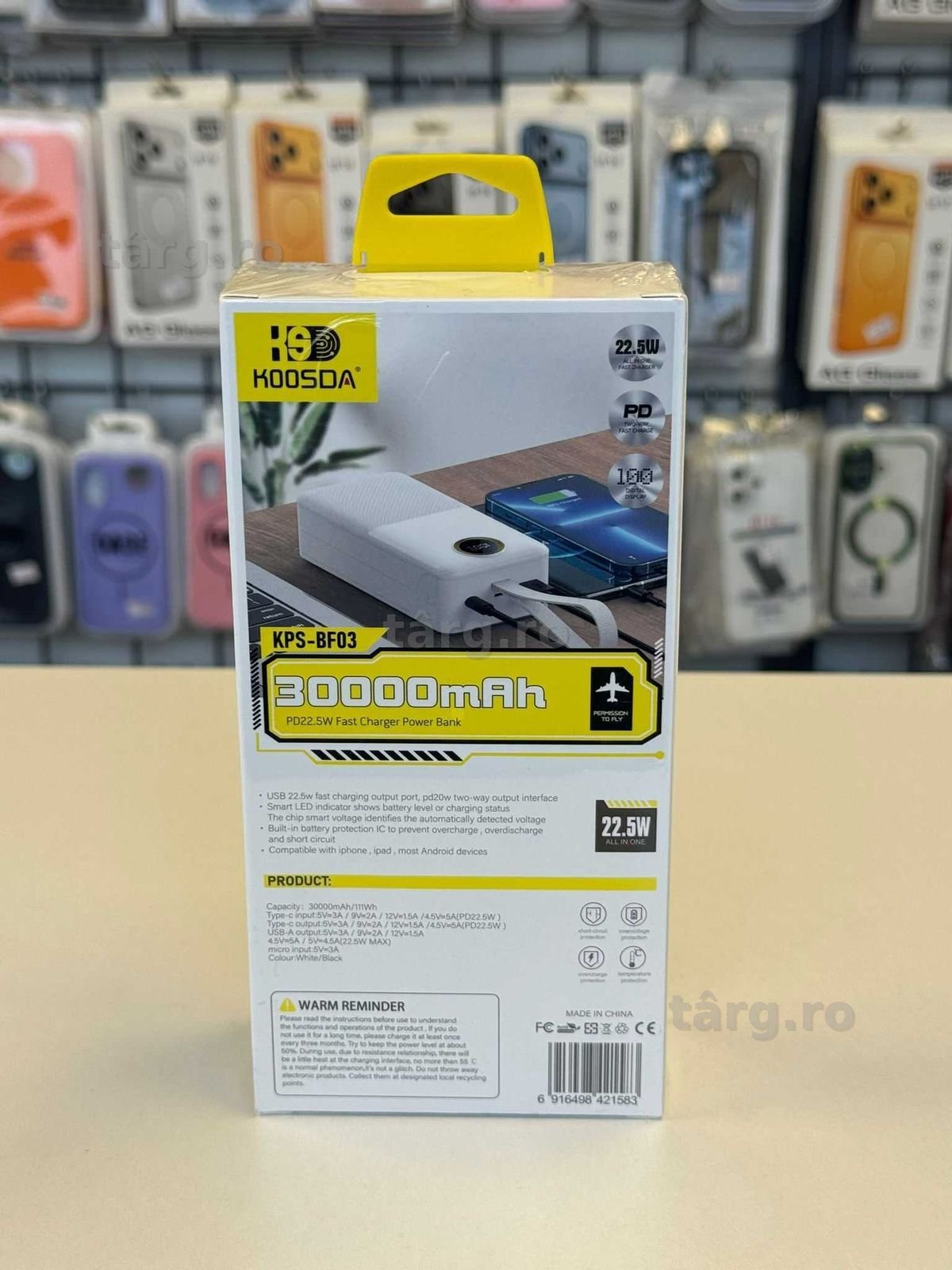 Baterie Externa 30.000mah,incarcare rapida, 22.5w,cablu type-c 2