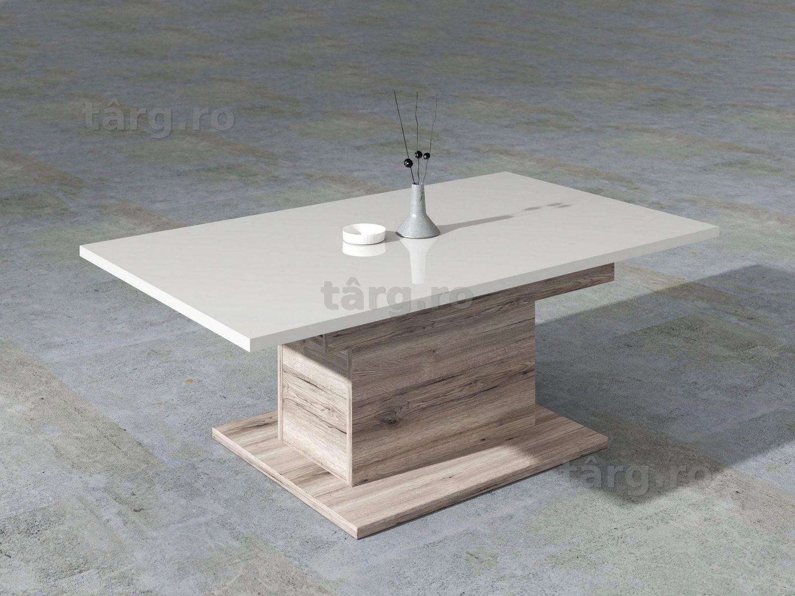 Masuta de cafea Forte, cu depozitare, alb lucios si stejar, 120 cm