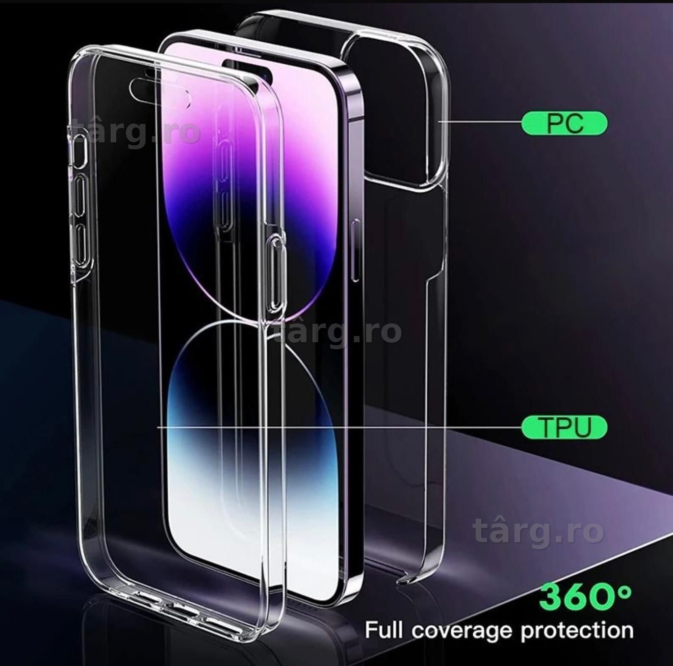 Husa 360 grade, Full cover, Fata + Spate, Apple iPhone 16  , Policarbonat si Silicon, Transparenta 3